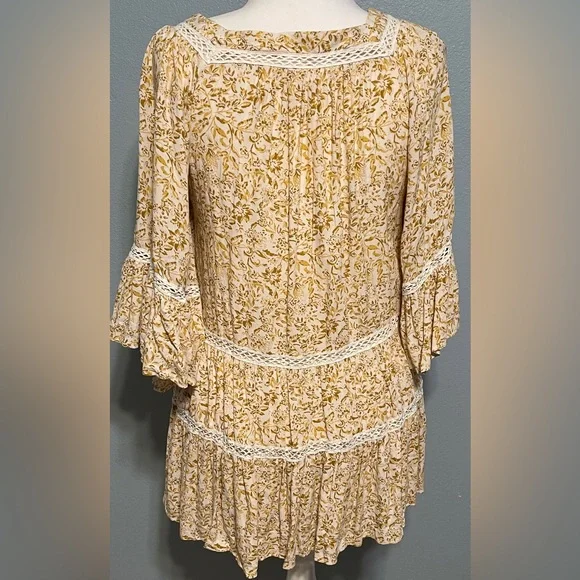 Free People Talk About It Tunic Ivory Gold Boho Floral Tiered Flowy Petite Small - Picture 5 of 7